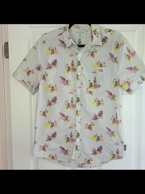 GUESS Men’s White Tropical Print Short-Sleeve Shirt - Yellow & Pink